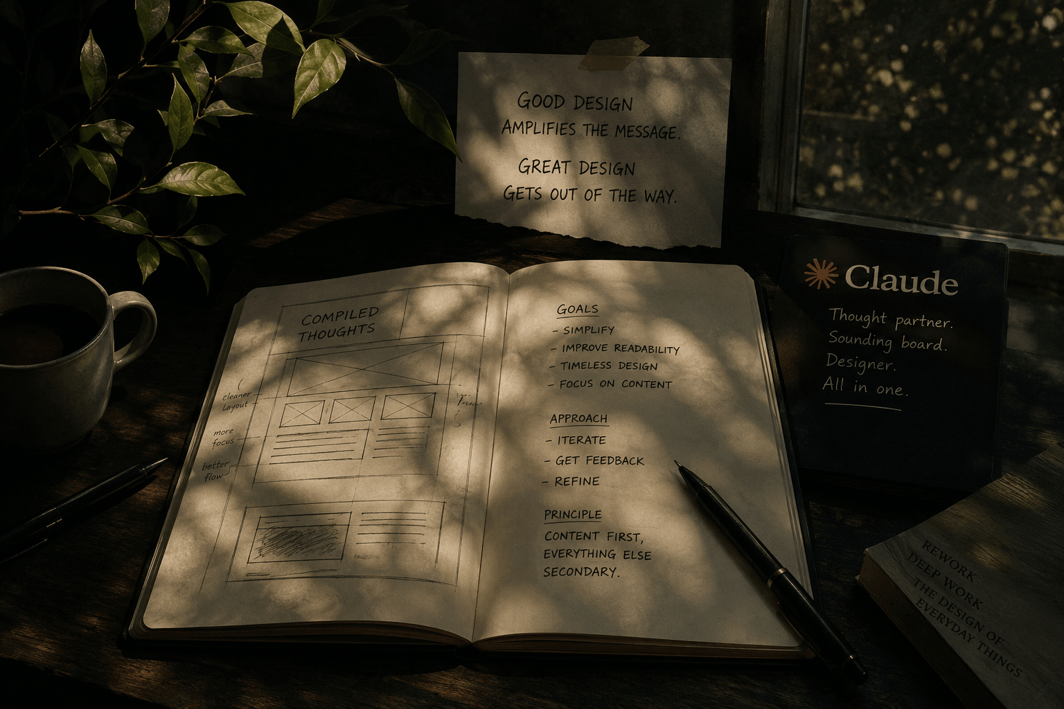 A notebook with a wireframe sketch of the Compiled Thoughts layout, beside notes reading "content first, everything else secondary"